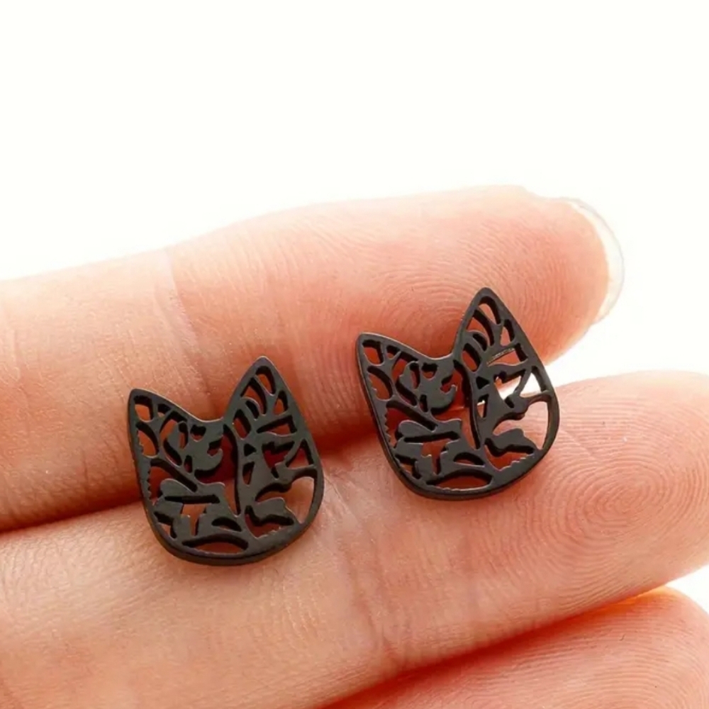 STAINLESS  Black Steel Floral Cat Stud Earrings